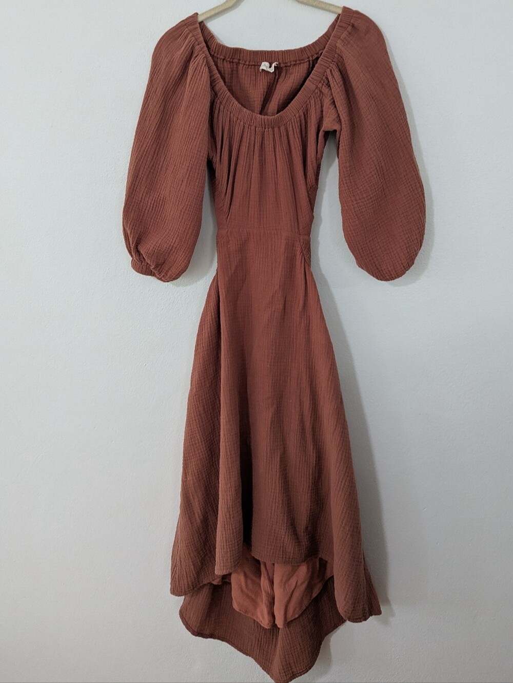 Bohme Off Shoulder Gauze Midi Dress Puff Sleeves Open Back Brown Medium M